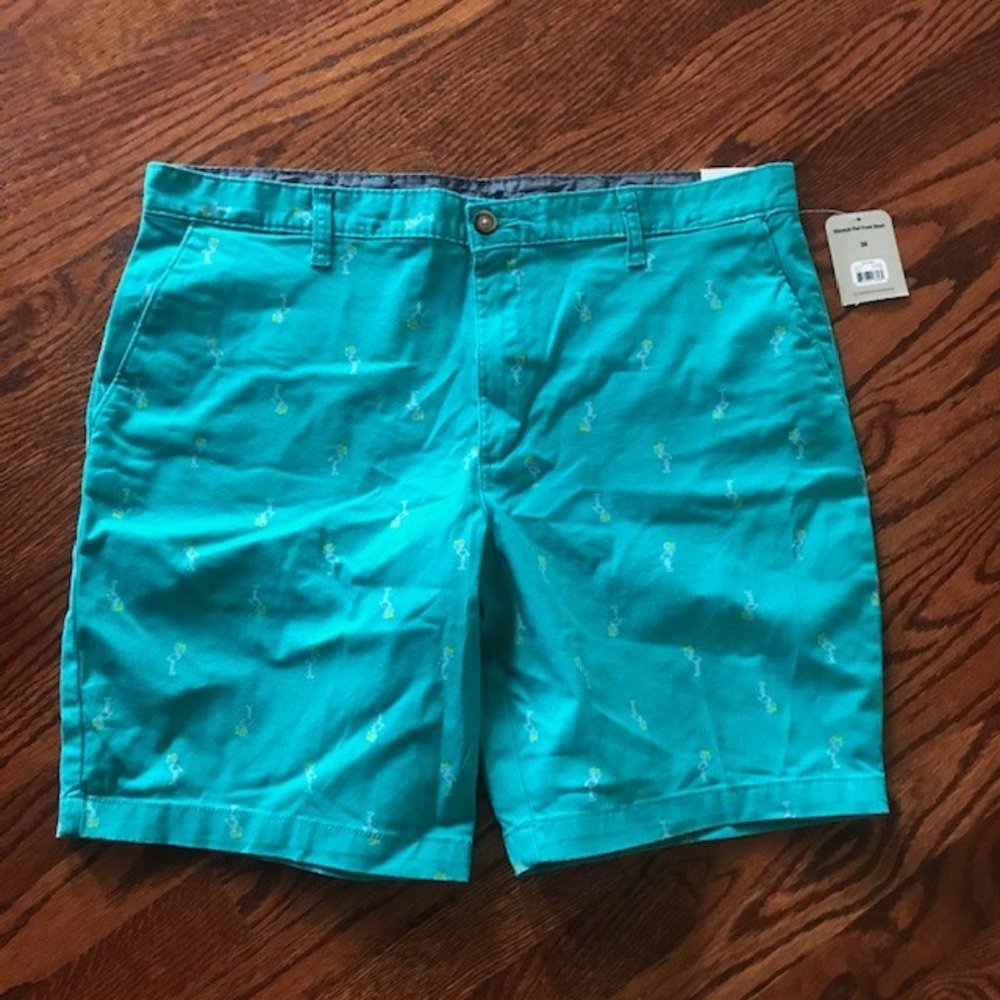 Men’s Flamingo Print Shorts Size 38 Blue Stretch Flat Front Summer Beach Golf NW